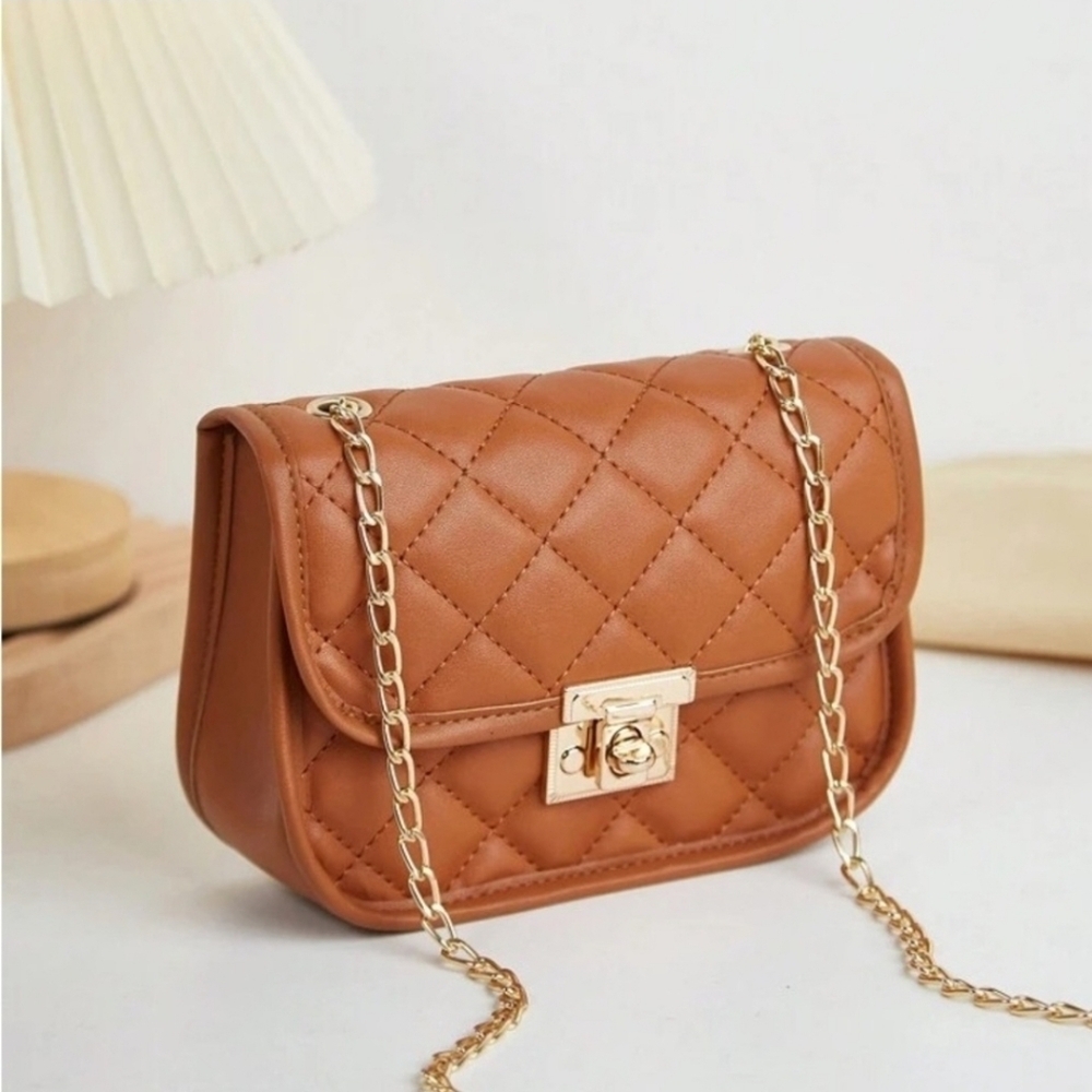 Quilted Crossbody Bag with Gold Chain Strap in Tan